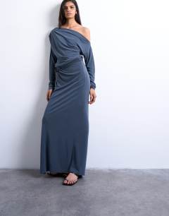 Model wearing Cupro twist detail maxi skirt co-ord in charcoal grey