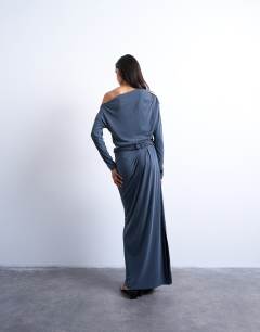 Model wearing Cupro twist detail maxi skirt co-ord in charcoal grey
