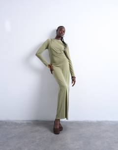Cupro wrap detail maxi dress in khaki