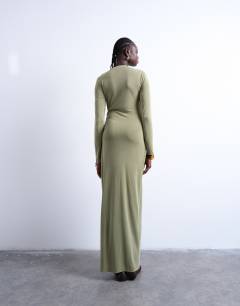 Model wearing Cupro wrap detail maxi dress in khaki