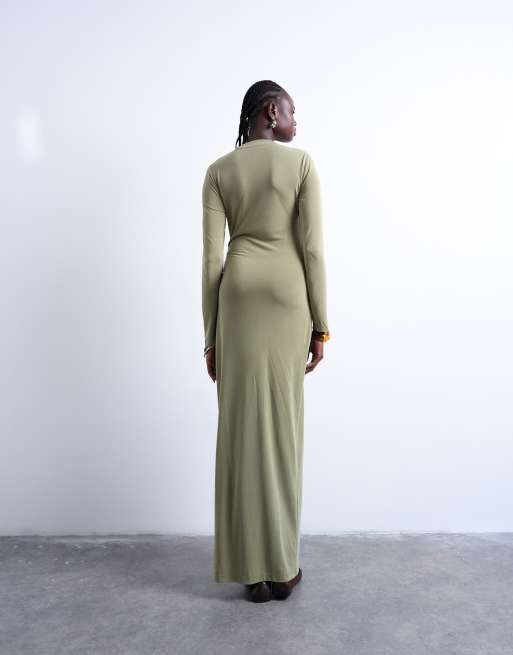 Topshop cupro wrap detail maxi dress in khaki