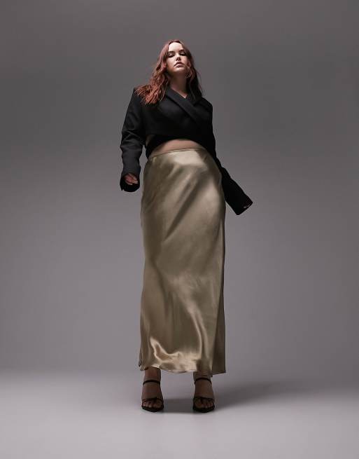 Topshop Curve – Asymmetrischer Satin-Midirock in Steinbeige