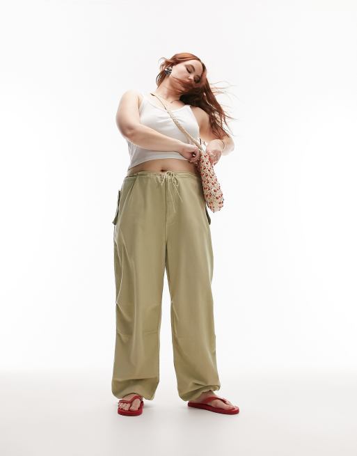 Topshop Curve balloon parachute linen pants in sage