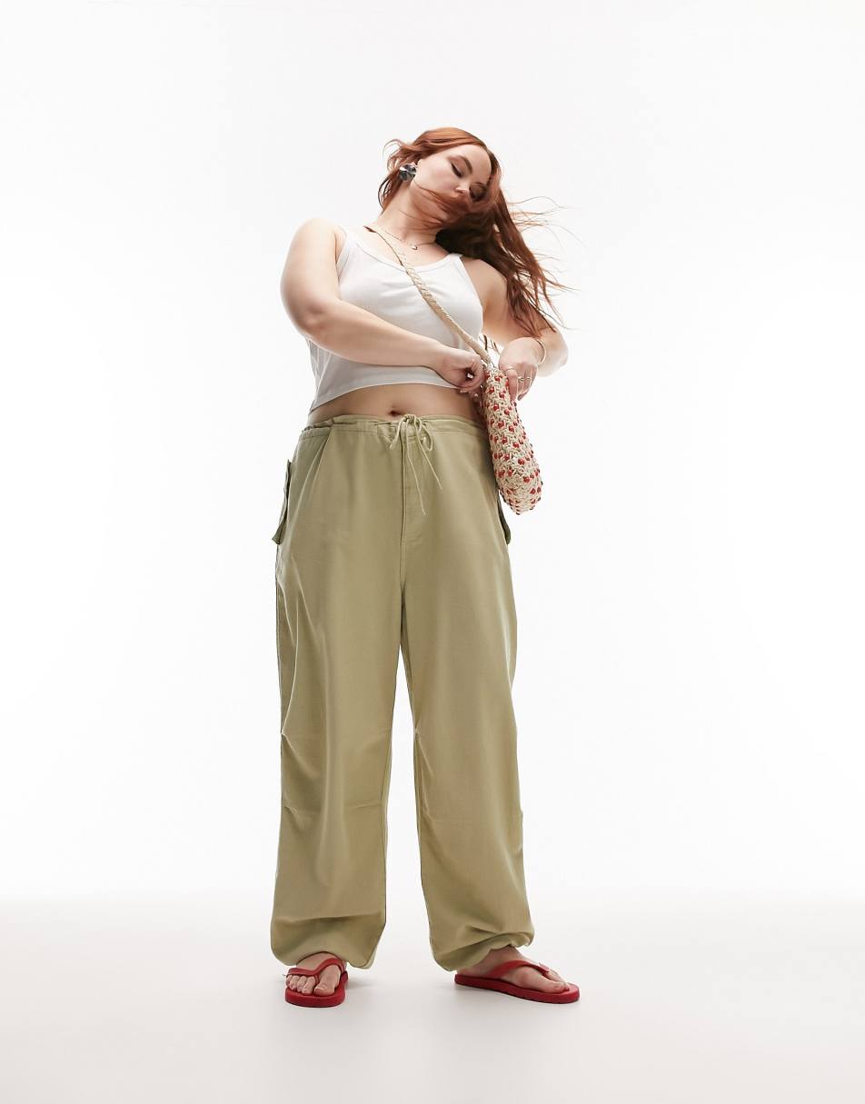 Topshop Curve balloon parachute linen trouser in sage