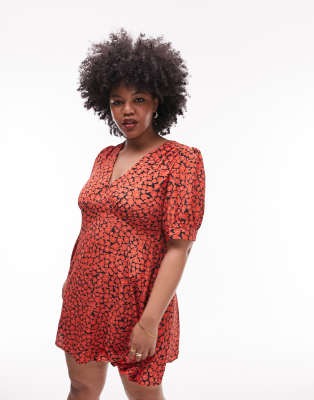 Topshop Curve Bella V-neck Mini Tea Dress In Red Floral Print