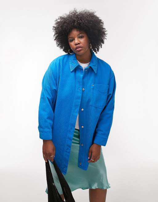 Topshop Curve - Camicia oversize in velluto a coste blu