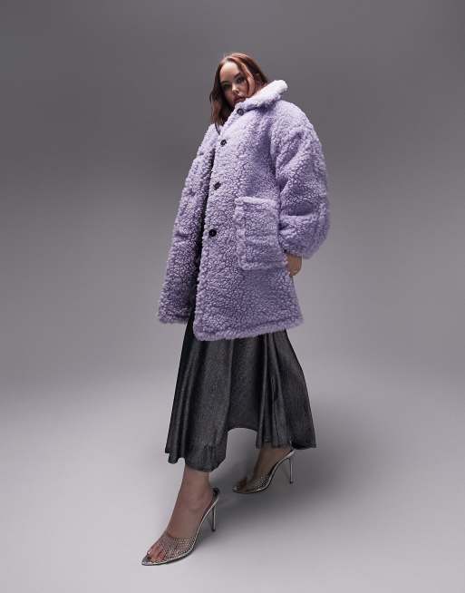 Topshop Curve - Cappotto oversize in pile borg lilla