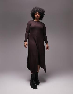 Topshop Curve column cozy rib maxi dress in chocolate-Brown