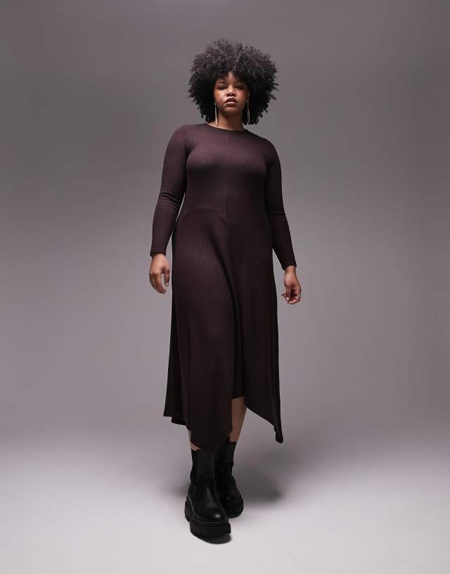 Topshop Curve column cozy rib maxi dress in chocolate