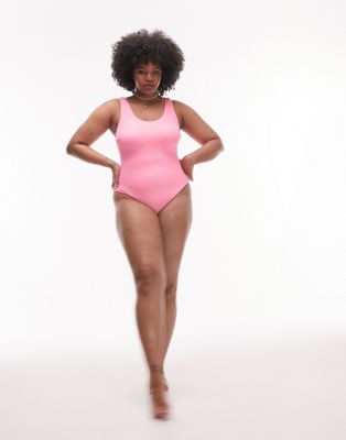 Topshop Curve scoop back crinkle swimsuit in pink  - ASOS Price Checker