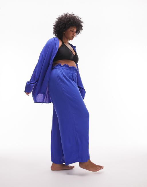 Topshop Curve crinkle beach pants in cobalt blue 