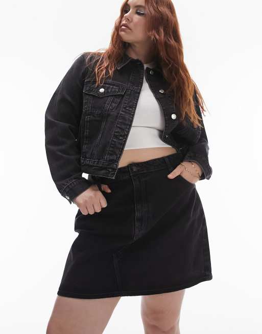 Topshop Curve – Czarna jeansowa spódnica z wysokim stanem i efektem sprania