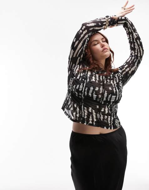 Topshop Curve – Czarno-biały marszczony top z długimi rękawami - view 1