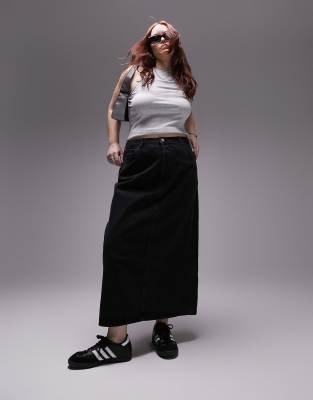 Topshop Curve - Denim-midinederdel i forvasket sort
