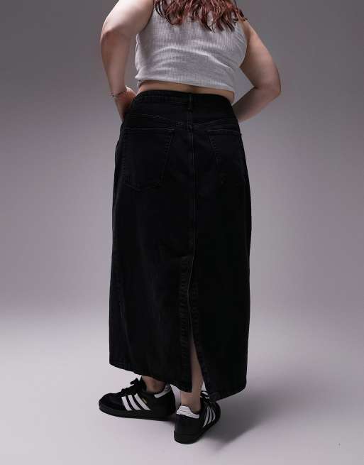 Topshop Curve - Denim midirok in zwart met wassing, 4 van 4