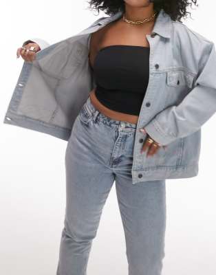 Topshop Curve denim Oversized jacket in bleach-Blue