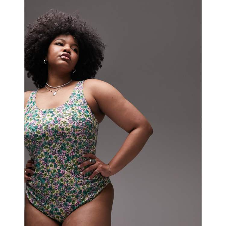Topshop Curve ditsy floral tie back swimsuit in pink ASOS