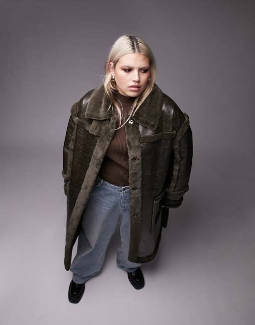 Topshop Curve faux fur long line aviator coat in dark olive