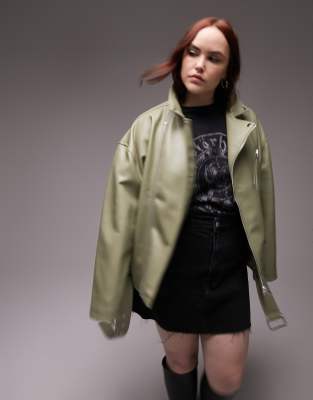 Topshop Curve faux leather oversized biker jacket in sage