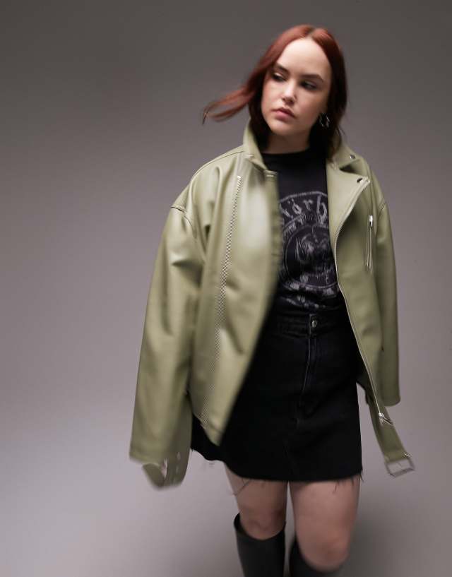 Topshop Curve faux leather oversized moto jacket in sage