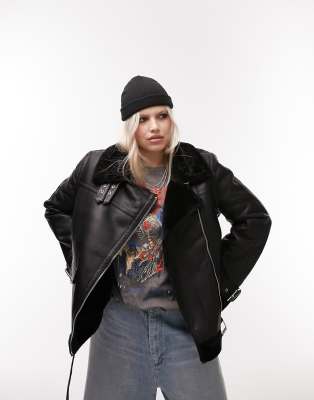 Topshop Curve faux leather shearling aviator biker jacket in black