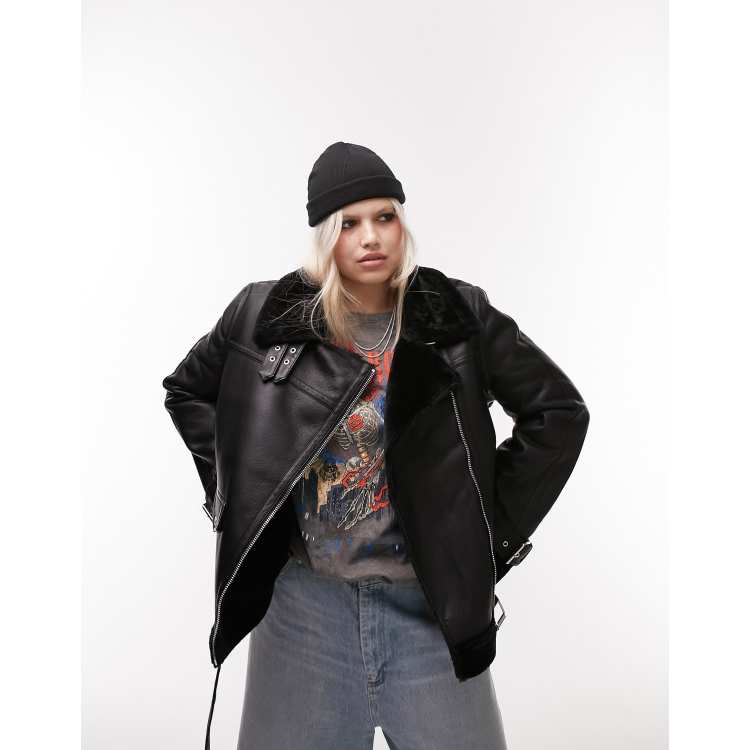 Topshop Tall Faux Leather Shearling Aviator Biker Jacket In Black