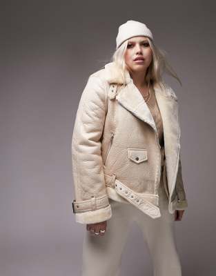 Topshop Petite faux leather shearling aviator biker jacket in off-white