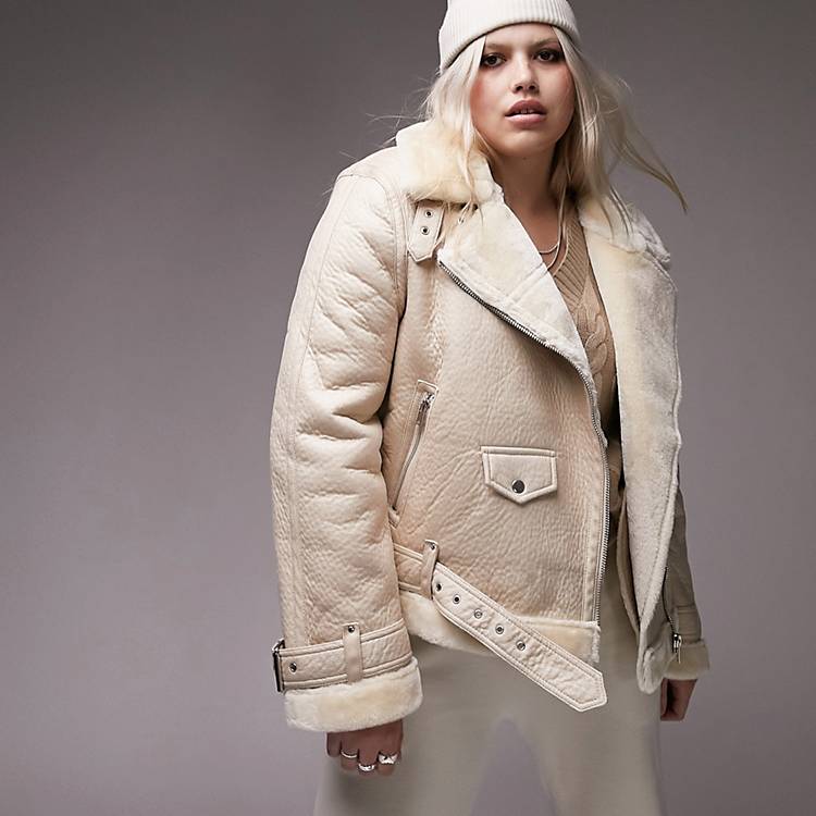 Topshop Curve faux leather shearling aviator biker jacket in off white