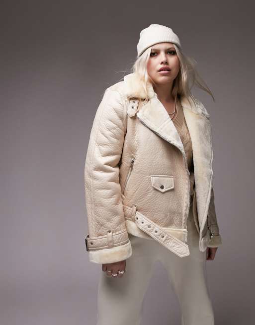 Topshop Faux Shearling Aviator Jacket in White