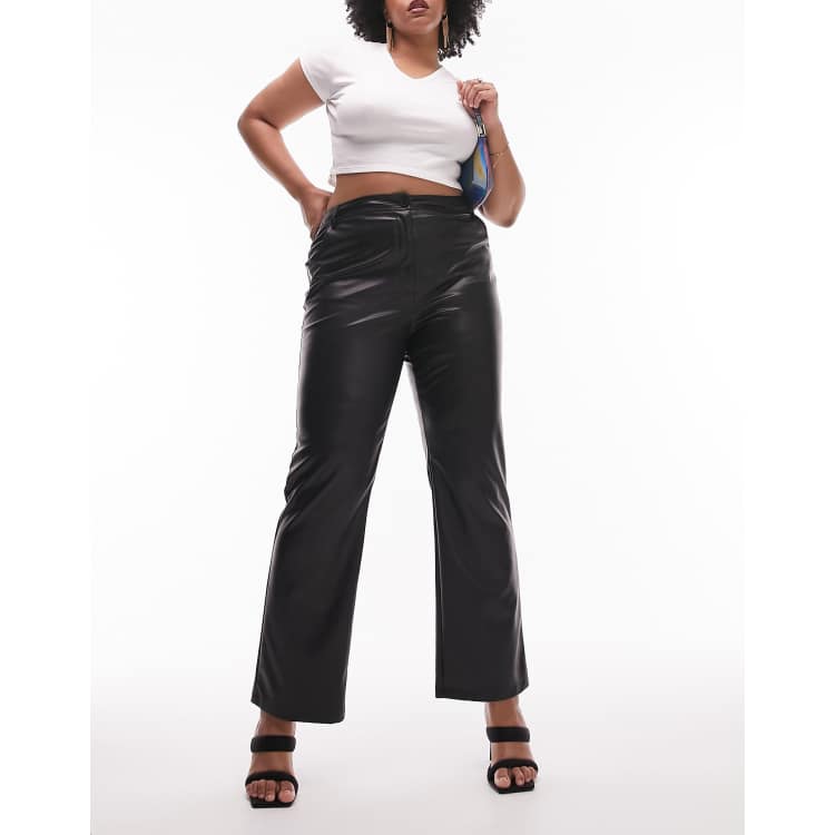 Topshop Curve faux leather straight leg trouser in black | ASOS