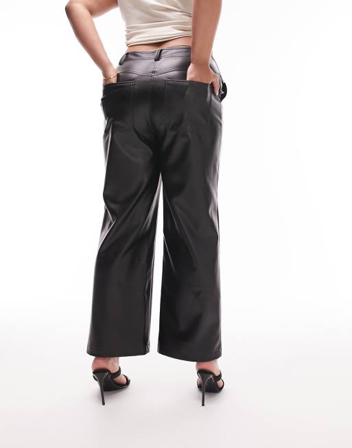 Women Casual Wide Leg Trousers PU Faux Leather Ankle Pants Elastic Waist  Black