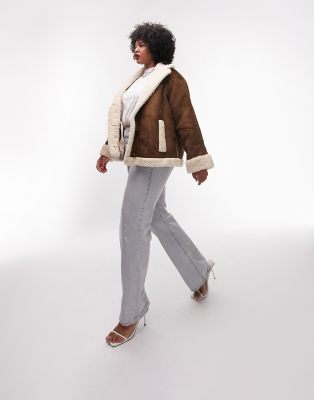 Topshop Curve Faux Shearling Car Coat In Chocolate-brown
