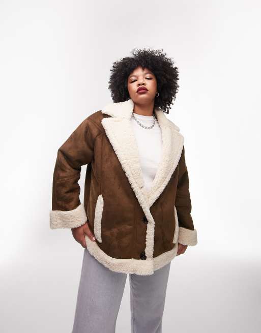 Topshop Curve faux shearling car coat in chocolate