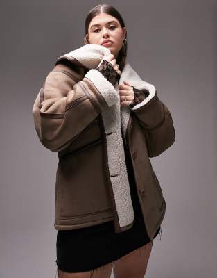 Topshop Curve faux shearling oversized car coat in mink and cream-Multi