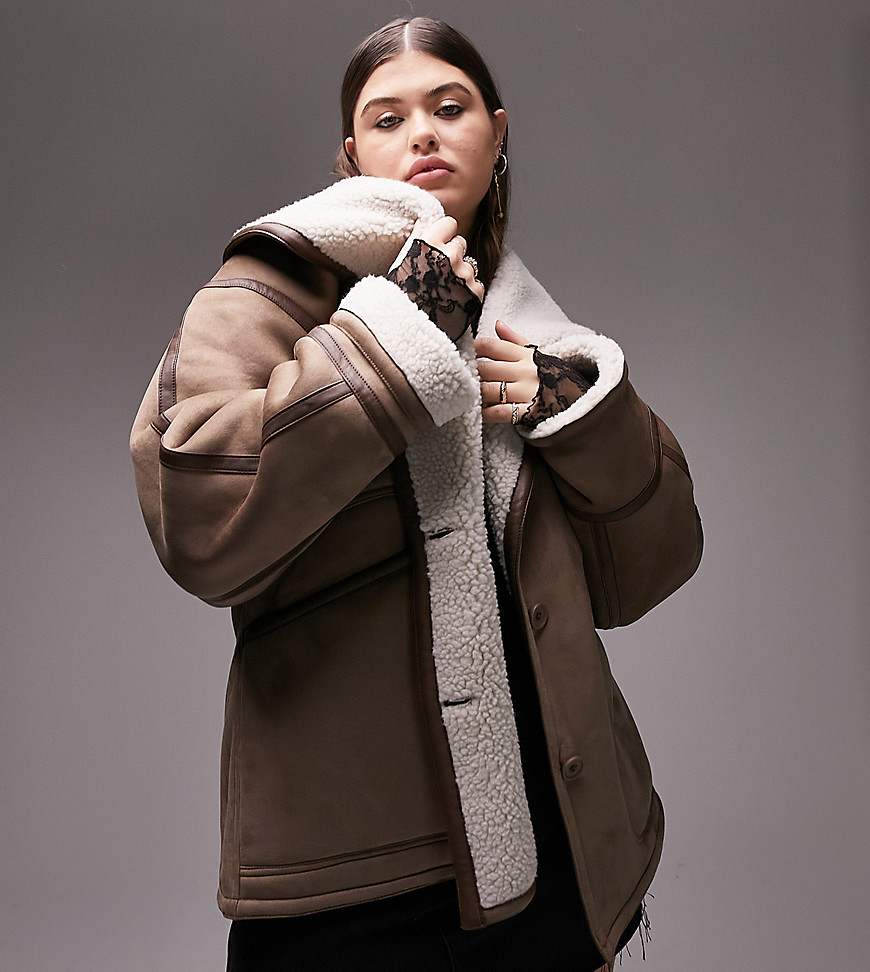 Topshop Curve faux shearling oversized car coat in mink and cream-Multi