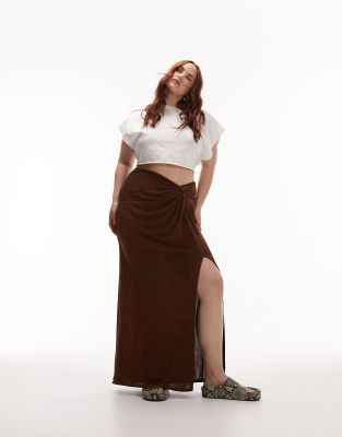 Topshop Curve - Figurbetonter Maxirock in Schokobraun mit verdrehter Vorderseite-Brown