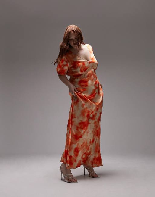 Topshop Curve – Fließendes Midikleid in Orange mit Print