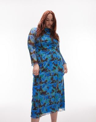 Topshop Curve floral printed mesh midi dress in blue - ASOS Price Checker