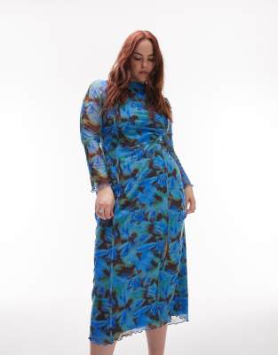 Topshop Curve Floral Printed Mesh Midi Dress In Blue