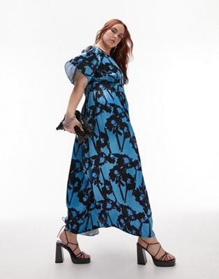 Topshop Curve floral satin midi occasion dress in blue