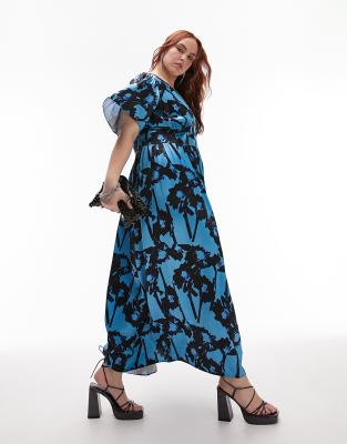 Topshop Curve floral satin midi occasion dress in blue