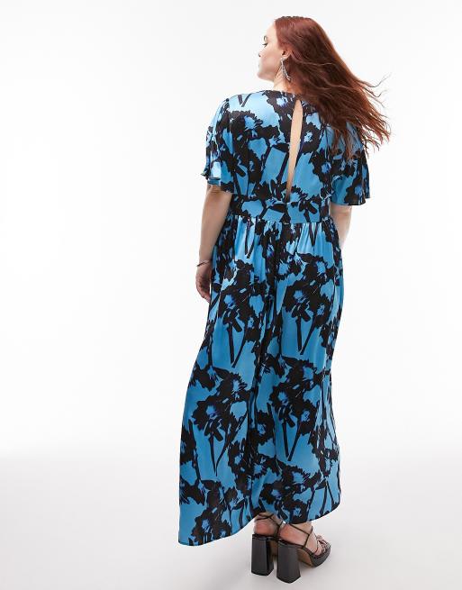 Topshop Curve floral satin midi occasion dress in blue