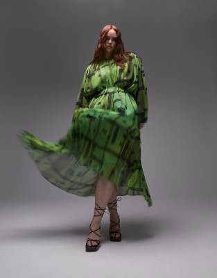Topshop Curve Topshop Curve gathered channel waisted hanky hem printed midi dress in green