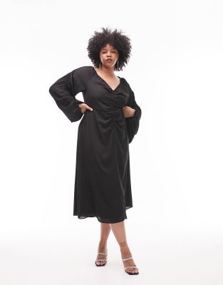 Topshop Curve gathered sleeve ruched midi dress in black φωτογραφία