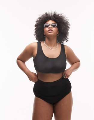 Topshop - Curve - Geripptes Bikinioberteil in Schwarz mit kurzem Schnitt-Black