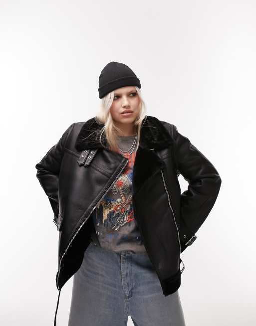 Topshop Curve - Giacca biker stile aviatore in pelle sintetica nera con dettagli in montone