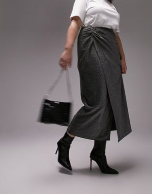 Topshop Curve glitter knot front midi split skirt in silver - ASOS Price Checker