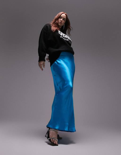 Topshop Curve - Gonna midi blu in raso con taglio asimmetrico