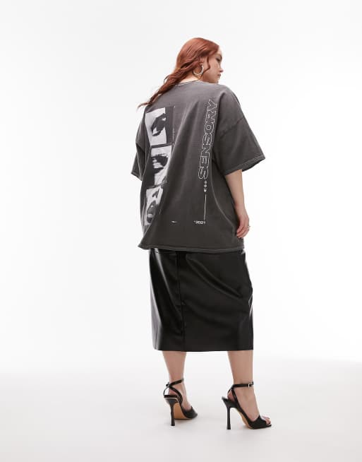Topshop Curve – Grafitowy T-shirt oversize z fotograficznym nadrukiem i napisem „Sensory”