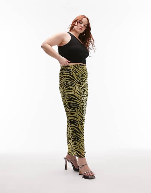 Topshop Curve - Gul og sort grunge-midinederdel med zebraprint i mesh 
